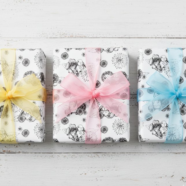 Easter Bunny Spring Floral Pattern   Wrapping Paper Sheet (Cute Easter Bunnies Wrapping Paper in Black and White for Kids Easter Basket or Egg Hunt)