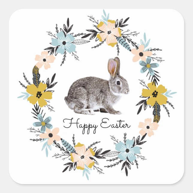 Easter Bunny & Spring Flowers Easter Square Sticker (Front)