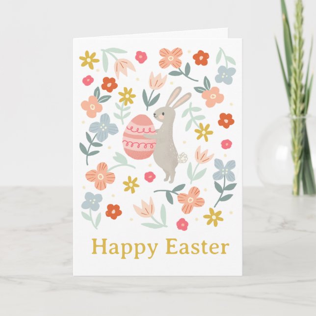 Easter Bunny & Spring Flowers Note Card (Front)