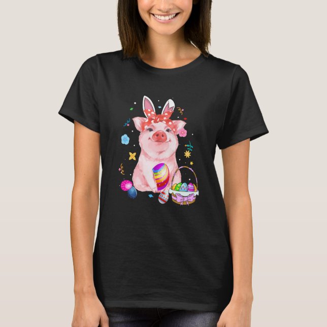 Easter Bunny Spring Pig bow Egg Hunting Basket col T-Shirt (Front)