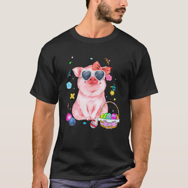 Easter Bunny Spring Pig Bow Egg Hunting Basket Col T-Shirt (Front)