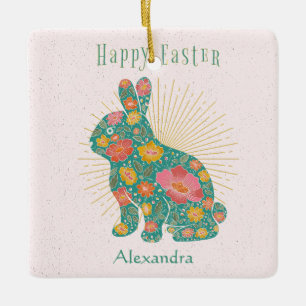 Easter Bunny Vintage Pastel Personalised Floral Ceramic Ornament