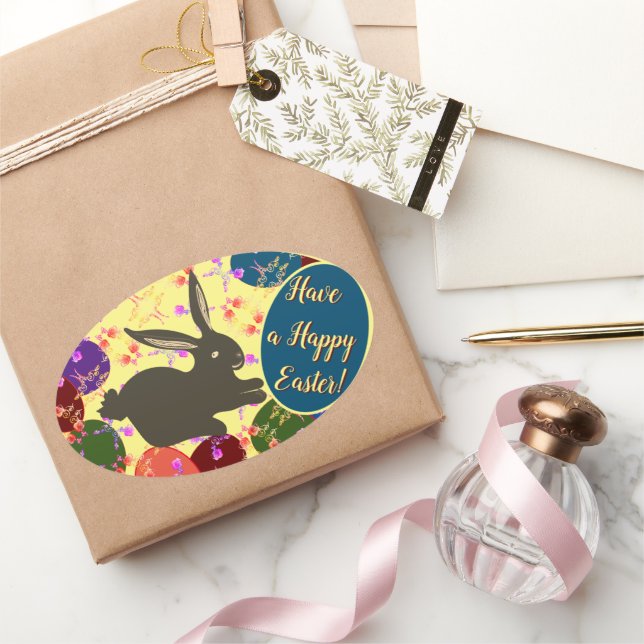 Easter Bunny w/ Eggs Rose Patterned    Oval Sticke Oval Sticker (Gifting)