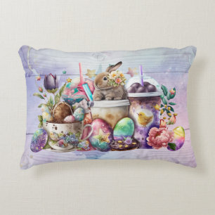 Easter Bunny Watercolor Coffee Drinks Decorative Cushion