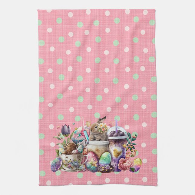 Easter Bunny Watercolor Coffee Drinks Tea Towel (Vertical)