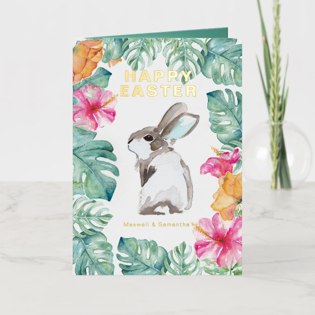 Easter Bunny Watercolor Flowers Foil Greeting Card (Front)