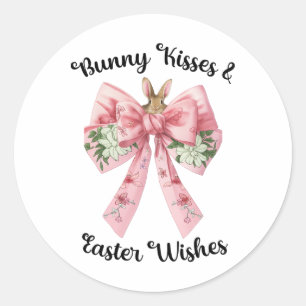 Easter Bunny Wishes Coquette Pink Bow Flowers Desi Classic Round Sticker