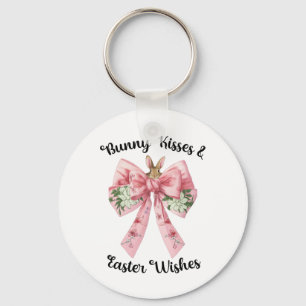 Easter Bunny Wishes Coquette Pink Bow Flowers Desi Key Ring