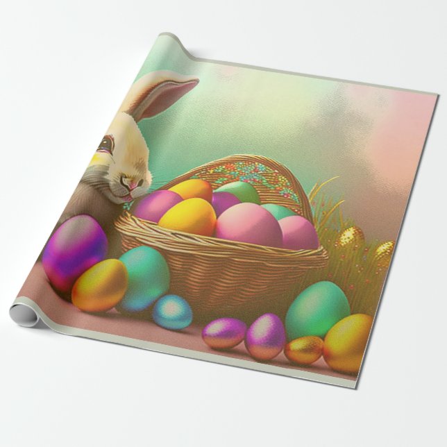Easter Bunny With Basket Collection Wrapping Paper (Unrolled)