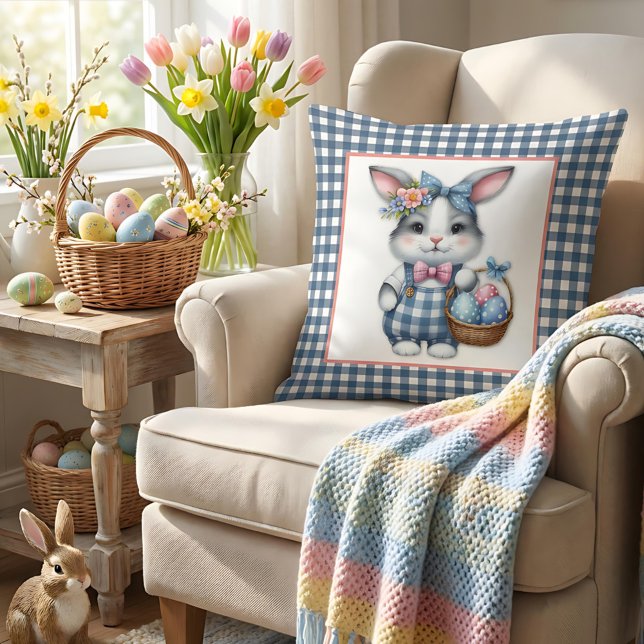 Easter Bunny with Basket of Eggs on Blue Gingham Cushion (Creator Uploaded)