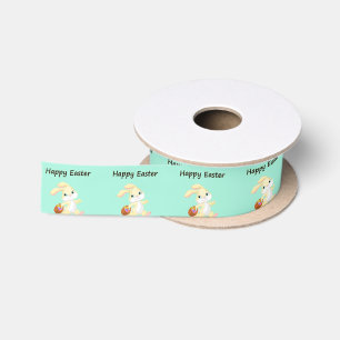 Easter bunny with basket on green satin ribbon