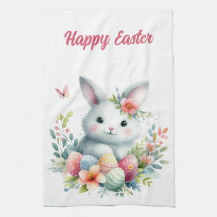 Easter Bunny with Butterfly and Eggs Tea Towel