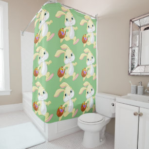 EASTER BUNNY WITH COLORFUL EASTER EGG BASKET SHOWER CURTAIN