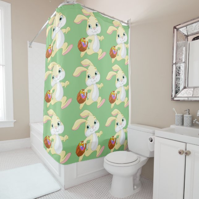 EASTER BUNNY WITH COLORFUL EASTER EGG BASKET SHOWER CURTAIN (In Situ)