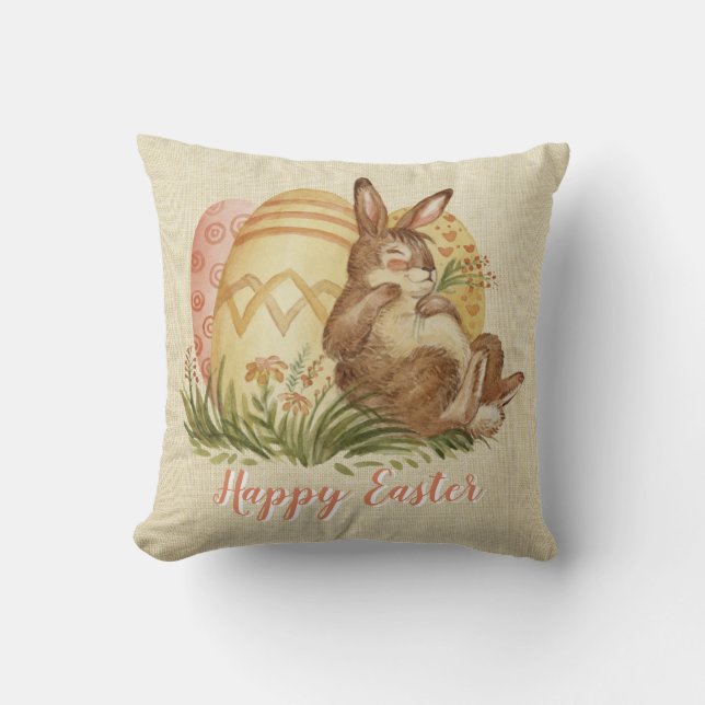 Easter Bunny With Coloured Eggs Watercolor   Cushion (Front)