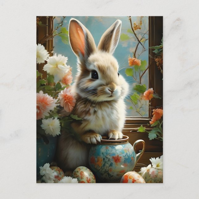 Easter Bunny with detailed eggs and flowers Postcard (Front)