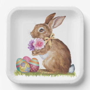 Easter Bunny With Eggs and Flowers Paper Plate