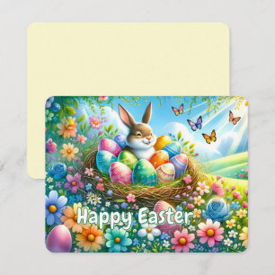 Easter Bunny with Eggs in Flower Garden - Holiday Card