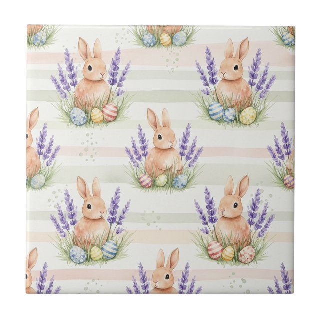 Easter Bunny with Eggs Spring Pastel Pattern (10) Ceramic Tile (Front)