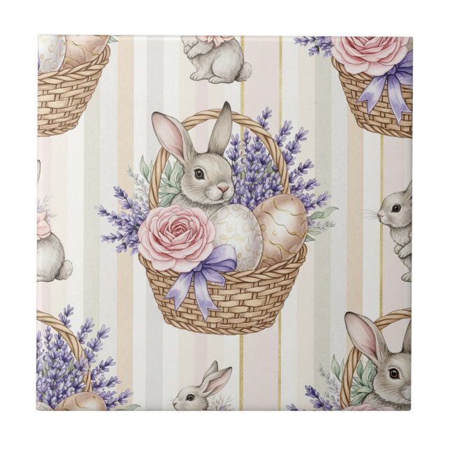 Easter Bunny with Eggs Spring Pastel Pattern (14) Ceramic Tile (Front)