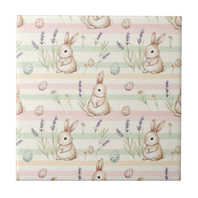 Easter Bunny with Eggs Spring Pastel Pattern (1) Ceramic Tile (Front)
