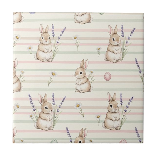 Easter Bunny with Eggs Spring Pastel Pattern (2) Ceramic Tile (Front)