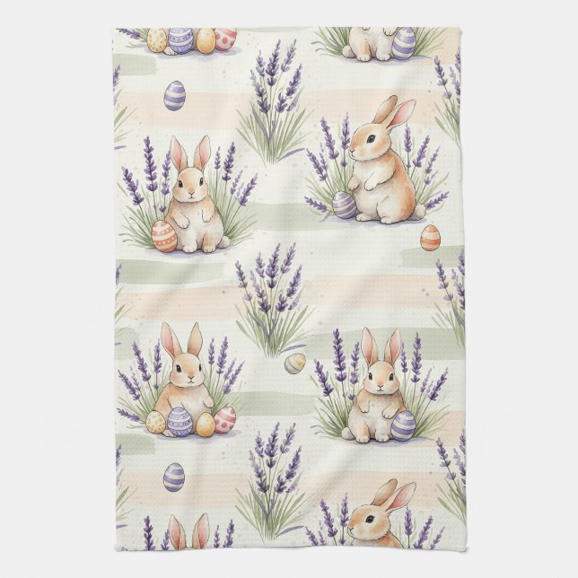 Easter Bunny with Eggs Spring Pastel Pattern (3) Tea Towel (Vertical)
