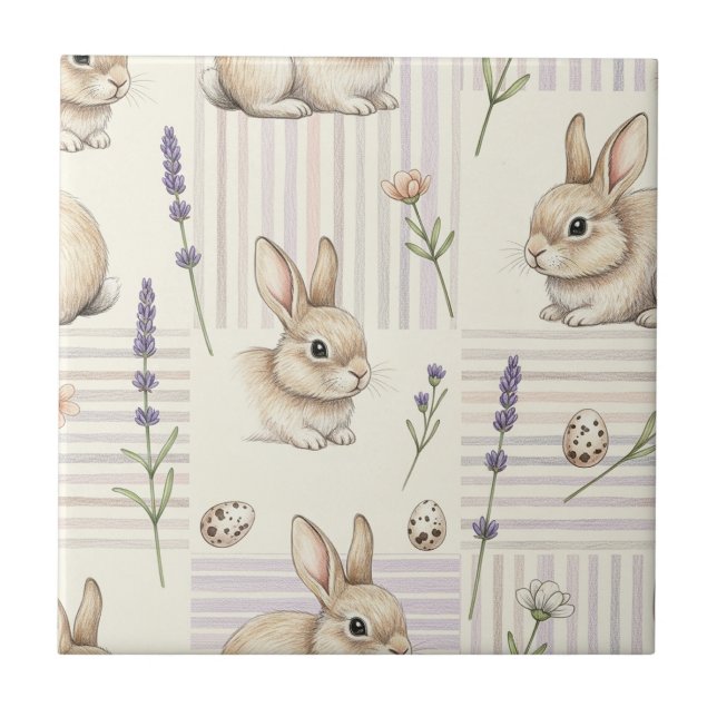 Easter Bunny with Eggs Spring Pastel Pattern (4) Ceramic Tile (Front)