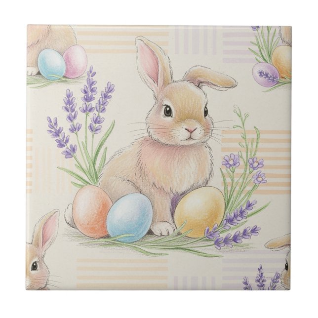 Easter Bunny with Eggs Spring Pastel Pattern (6) Ceramic Tile (Front)