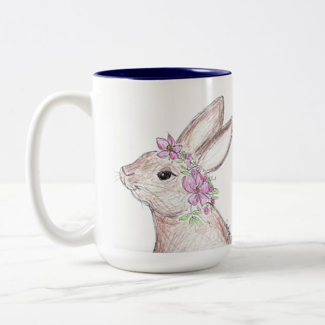 Easter Bunny with Flower Crown! (Navy) Two-Tone Coffee Mug (Left)
