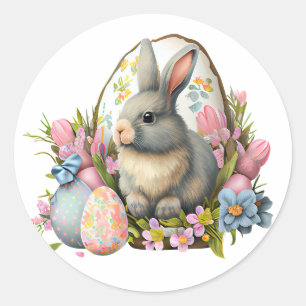 easter bunny with flowers and eggs, colourful bloo classic round sticker
