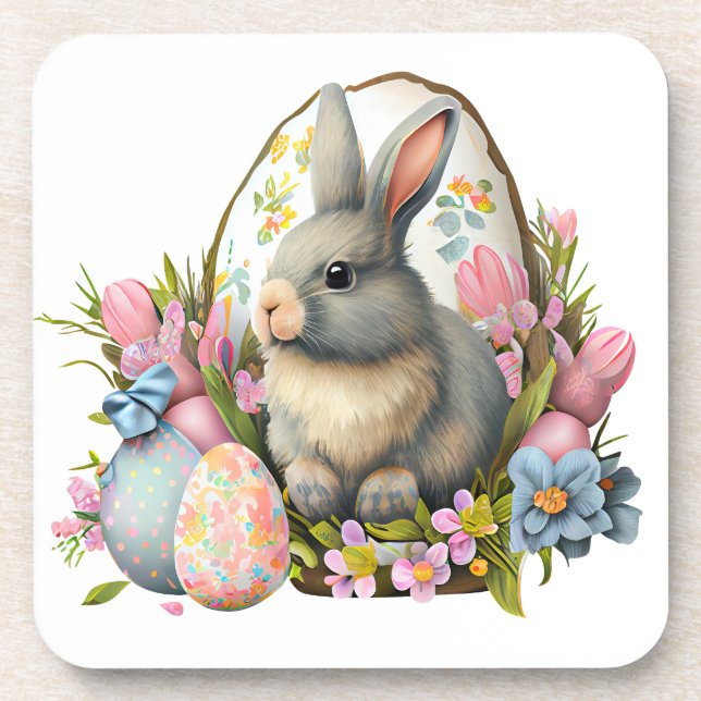 easter bunny with flowers and eggs, colourful bloo coaster (Front)
