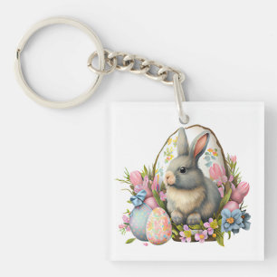 easter bunny with flowers and eggs, colourful bloo key ring