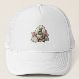 easter bunny with flowers and eggs, colourful bloo trucker hat