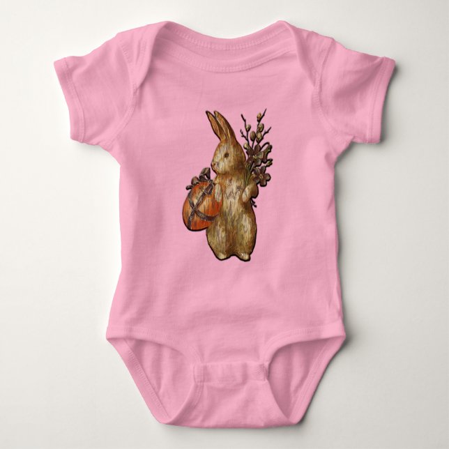 Easter Bunny with Flowers Unisex Pink Bodysuit (Front)