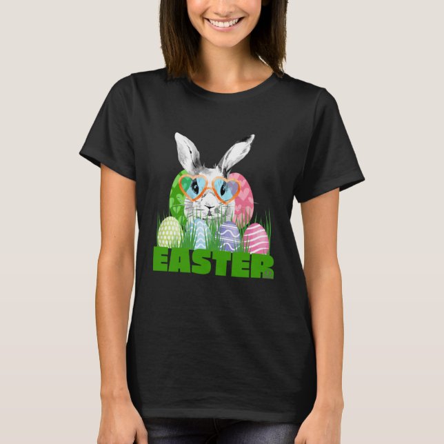 Easter Bunny with Glasses Egg Hunting T-Shirt (Front)