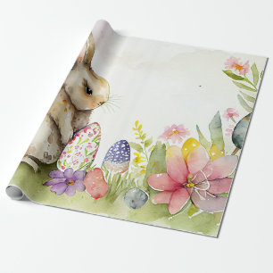 Easter bunny with painted eggs in the garden wrapping paper