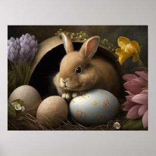 Easter Bunny with Pastel Eggs and Spring Flowers Poster