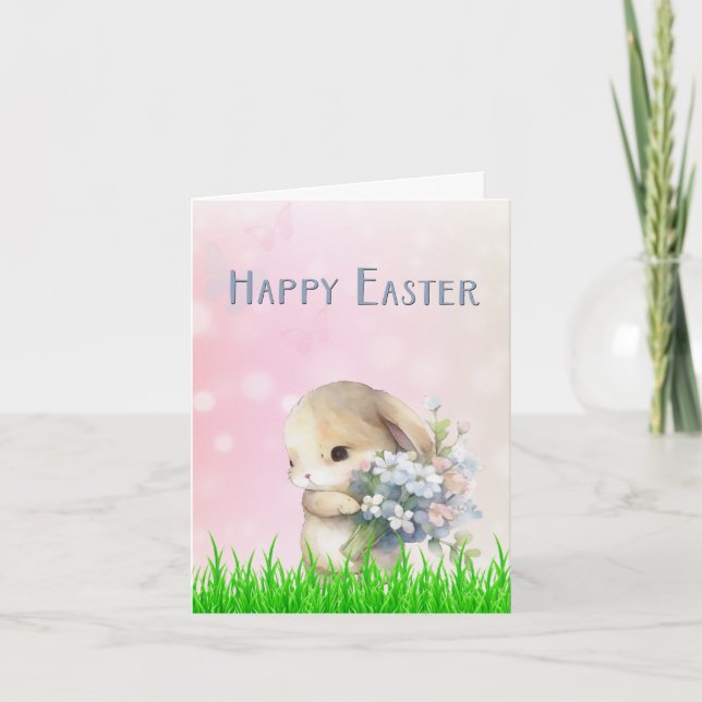 Easter Bunny with Pink and Blue Flowers Card (Front)