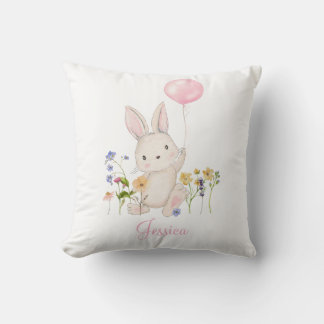 Easter Bunny with Pink Balloon & Wildflowers Cushion