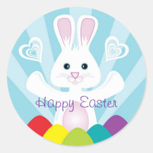 Easter Bunny with Rainbow Eggs, Happy Easter Classic Round Sticker