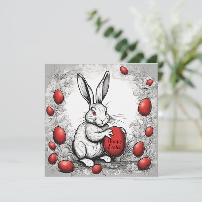 Easter bunny with red egg holiday card (Standing Front)