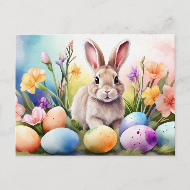 Easter Bunny with Spring Flowers, Painted Eggs Holiday Postcard (Front)