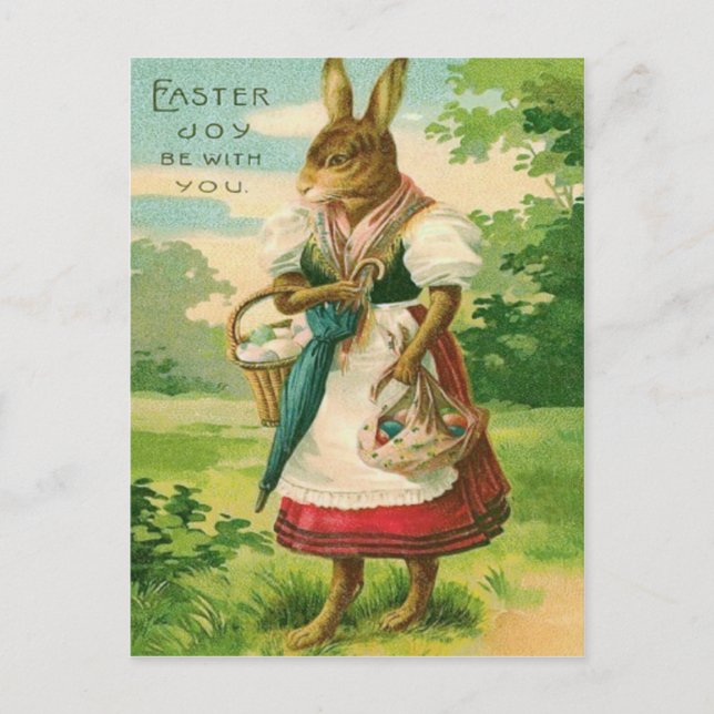 Easter Bunny Woman Basket Coloured Egg Holiday Postcard (Front)