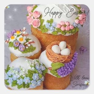 Easter cakes decorated with multi-coloured flowers square sticker