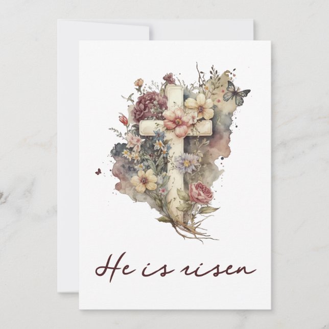 Easter Card, He is risen Card, Floral Cross Card (Front)