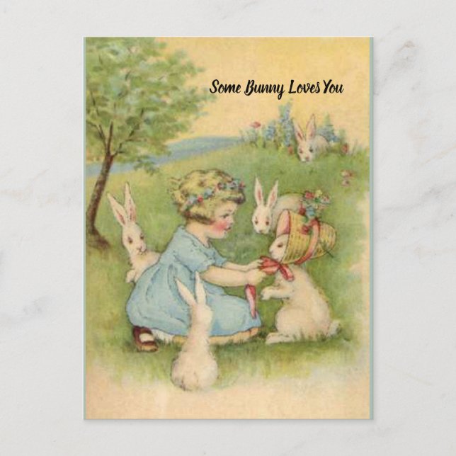 Easter Card, Little Girl with White Bunnies Holiday Postcard (Front)