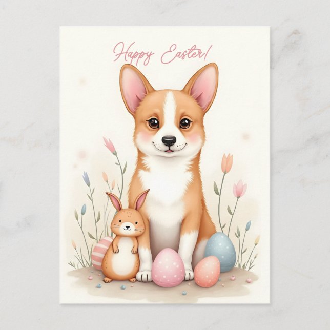 Easter card with a corgi dog in pastel colours (Front)