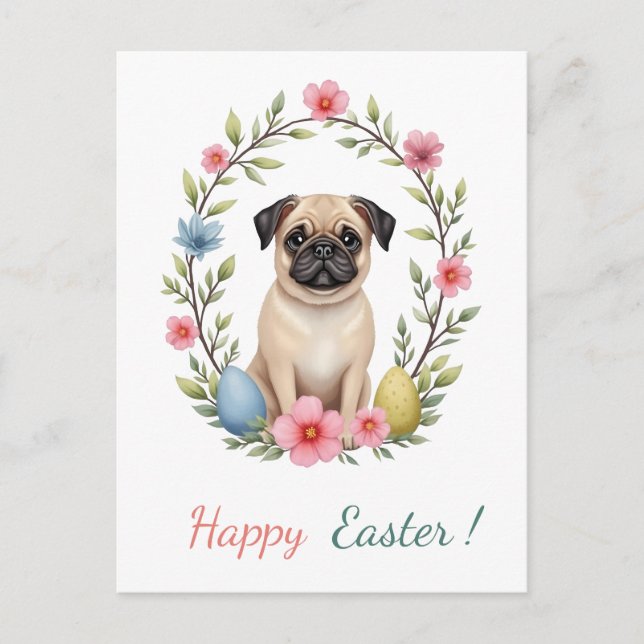 Easter card with a picture of a pug (Front)