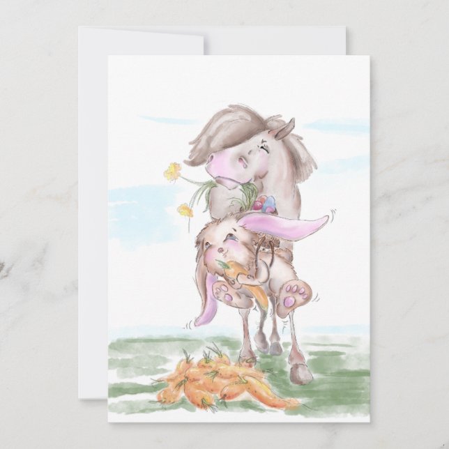 Easter card with sweet rabbit and horse (Front)